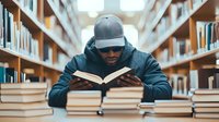 Young African American male student wearing casual sportswear and baseball cap studying with books in university library. Educational and learning concept.