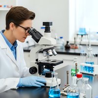 Young male scientist in white lab coat and safety glasses examining samples under microscope in modern laboratory with test tubes and research equipment.