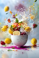 Colorful fruit explosion in white bowl with milk splash, lemon, berries and mint leaves against soft blue background.