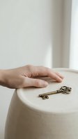 Hand reaching for ornate bronze key on white surface symbolizing opportunity access and unlocking potential in minimalist setting.