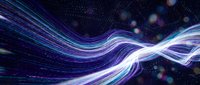 Abstract flowing light waves with purple and blue energy streams against starry space background for digital technology and futuristic design projects.