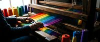 Traditional wooden loom with vibrant rainbow textile being woven, colorful threads and bobbins creating handmade fabric in artisan workshop setting.