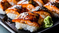 Grilled salmon nigiri sushi with teriyaki glaze and wasabi on black ceramic plate, close up view showing texture of fish and rice in warm lighting.