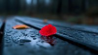 Red heart shape on wet wooden surface with water droplets creating romantic atmosphere for love concepts and Valentine's Day designs.