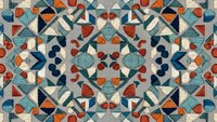 Vintage geometric kaleidoscope pattern with triangular shapes in blue, orange and cream colors creating symmetrical mandala design for textile backgrounds.