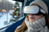 Young woman wearing virtual reality headset while relaxing in winter attire with knit scarf and beanie hat against window with bokeh lights and snowy background.