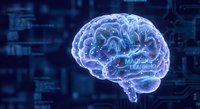 Digital brain with glowing neural networks and AI text overlay on blue technology background for machine learning and artificial intelligence concepts.