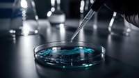 Laboratory scientist using pipette to add blue chemical solution to petri dish in modern research facility for scientific experiments and analysis.