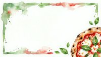 Watercolor painted frame with fresh pizza slice featuring tomato, mozzarella and basil on white background, suitable for food blogs, restaurant menus and culinary design projects.