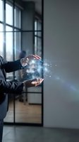 Businessman in dark suit holding glowing digital network globe between hands in modern office with large windows, representing global connectivity and innovation.