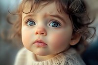 Close up portrait of young Caucasian girl with striking blue eyes and curly dark hair wearing knit sweater, soft natural lighting creates gentle mood and dreamy atmosphere.