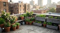 Urban rooftop garden with potted plants, flowers, and wooden planters overlooking city skyline. Ideal for gardening, sustainability, and outdoor living concepts.