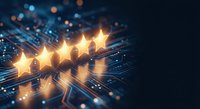 Five golden stars with glowing light effects on digital circuit board background for customer feedback, rating system and quality assessment concepts.