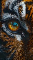 Extreme close-up of a tiger's amber eye with detailed fur texture showing intricate patterns of orange, black and white coloring. Dramatic lighting highlights the wild nature.