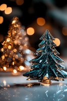 Crystal glass Christmas tree decoration with warm bokeh lights in background creating magical holiday atmosphere on reflective surface.