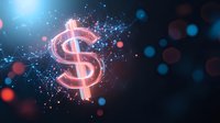 Glowing pink dollar symbol floating in dark space with blue and red bokeh lights and sparkling particles, representing digital finance and currency concept.