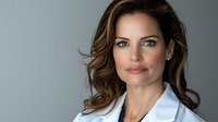 Hispanic female medical professional with wavy brown hair wearing white lab coat against gray background, confident expression and natural makeup look.