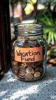 Glass jar filled with coins labeled vacation fund for travel savings and holiday budget planning on outdoor patio surface with green plants in background.