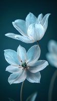 Delicate white flowers with translucent petals on dark teal background. Macro photography captures ethereal texture and subtle details in soft, dreamy lighting.