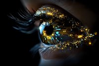 Futuristic close up of blue eye with digital circuit pattern and golden glowing particles, representing artificial intelligence and technological enhancement.