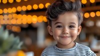 Young Asian boy with charming smile wearing striped t-shirt against warm bokeh lights background, expressing joy and happiness in casual indoor setting.