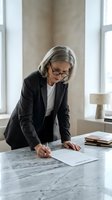 Senior woman architect reviewing blueprints at marble desk in bright office space. Wearing black blazer and glasses, examining construction plans for design project work.