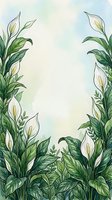 Watercolor peace lily flowers and tropical leaves frame border with soft pastel background for wedding invitations and botanical designs.