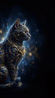 Mystical cat with ornate golden patterns sits against starry night sky with glowing particles and cosmic background for fantasy designs.