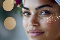 Close up portrait of young mixed race woman with glowing skin and glitter sparkles on face against blurred bokeh background, beauty concept.