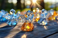 Crystal glass angel figurine with amber base and blue wings on wooden surface in sunlight with bokeh effect, decorative holiday ornaments in background.