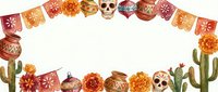 Day of the Dead celebration frame with colorful papel picado banners, marigold flowers, decorated skulls, pottery and cacti on white background.