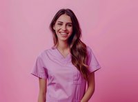 Young female healthcare worker wearing pink medical scrubs smiling warmly against pink background, expressing confidence and approachability in professional setting.