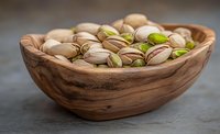 Fresh roasted pistachio nuts in wooden bowl on dark background, selective focus on open shells revealing bright green kernels, macro food photography.