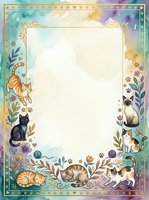 Watercolor cat border frame with floral elements and paw prints on white background. Decorative template for invitations, cards, and pet-themed designs.