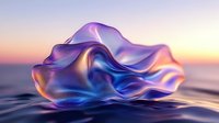 Surreal iridescent liquid metal form floating above rippling water surface against sunset sky, featuring flowing curves and prismatic purple and blue reflections.