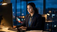 Professional businesswoman working late at computer in modern office with city lights background during evening hours.