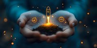Hands holding glowing rocket launch from soil with cryptocurrency symbols, representing digital finance growth and blockchain investment opportunity.