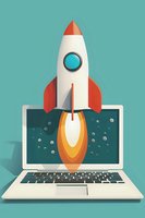 Cartoon rocket launching from laptop screen with flame thrust against turquoise background, symbolizing startup business growth and digital innovation.