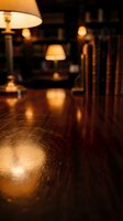 Warm ambient lighting illuminates a wooden bar counter with glowing table lamps creating cozy atmosphere for hospitality, restaurant, or lounge interior design projects.