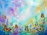 Watercolor garden scene with monarch and swallowtail butterflies among wildflowers on a soft pastel blue, purple, and gold background.