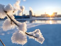 Snow-covered branch with crystalline frost formations against blurred urban winter cityscape and setting sun creating magical bokeh effect in background.