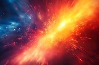 Cosmic explosion with bright orange and blue light rays bursting through space, creating dynamic energy waves and glowing particles in deep universe background.