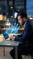 Professional businessman analyzing financial data with holographic charts and graphs projected from laptop in modern office environment for business analytics.
