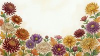 Colorful chrysanthemum flowers border frame with autumn blooms in purple, orange, yellow and burgundy tones on light background for seasonal designs.