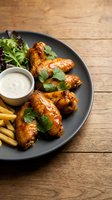 Grilled chicken wings with herbs and dipping sauce served on dark plate with french fries and fresh salad on wooden table background for restaurant menu.