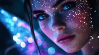 Young woman face with glowing sparkles and bokeh lights in neon blue and purple colors creating magical atmosphere for beauty and fantasy concepts.