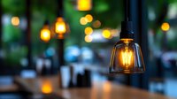 Vintage hanging light bulb with warm glowing filament against blurred evening street scene with bokeh lights, suitable for interior design, hospitality, and atmospheric backgrounds.