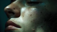 Young adult female with fair complexion and acne-prone skin showing blemishes and texture issues. Side profile portrait with natural lighting highlighting skin imperfections for dermatology or skincare product marketing.