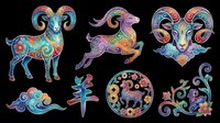 Colorful ornamental ram, unicorn, goat heads and decorative animals with intricate mandala patterns, isolated on transparent background. Ready for t-shirt design, clipart, stickers, sublimation and print-on-demand projects.