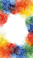 Vibrant watercolor Mexican fiesta frame with traditional symbols, maracas, sombrero and decorative elements on white background for festive designs.